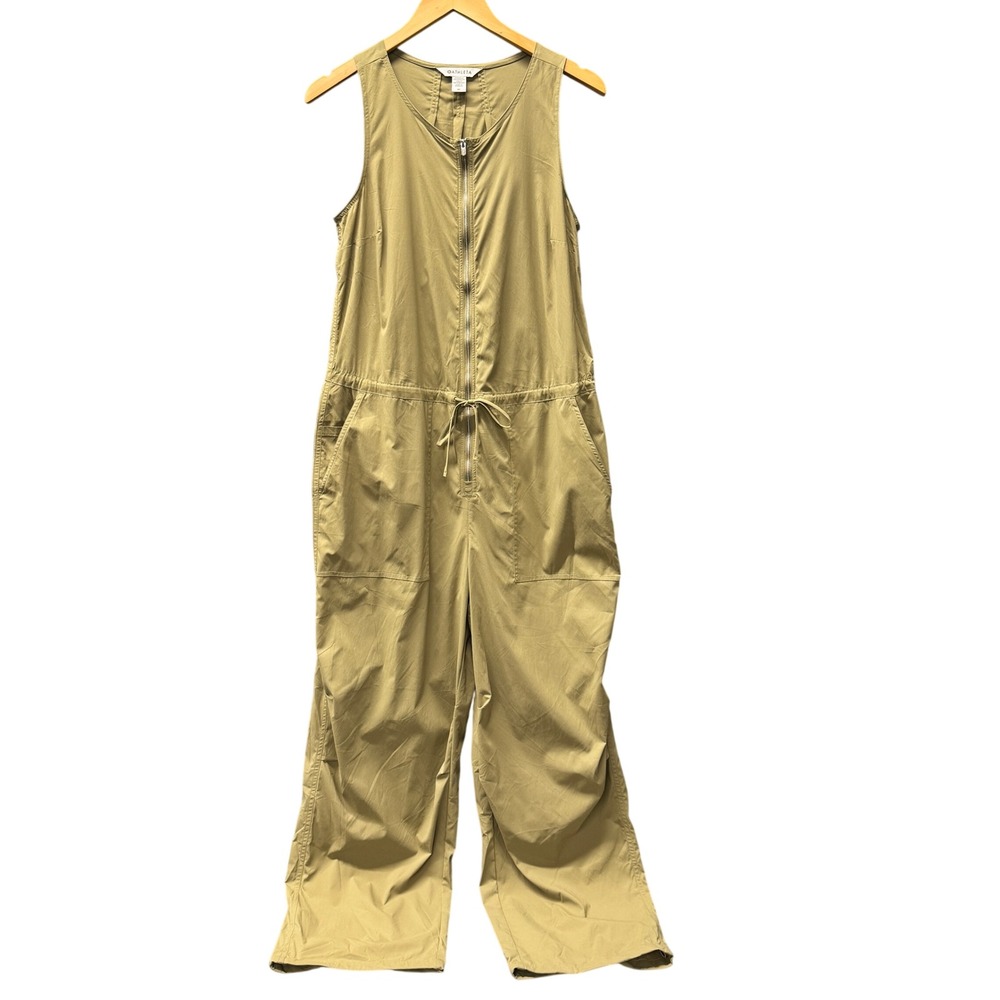 Athleta Flex Jumpsuit Womens M Khaki Tan Coastal Utility Comfy Romper Sleeveless